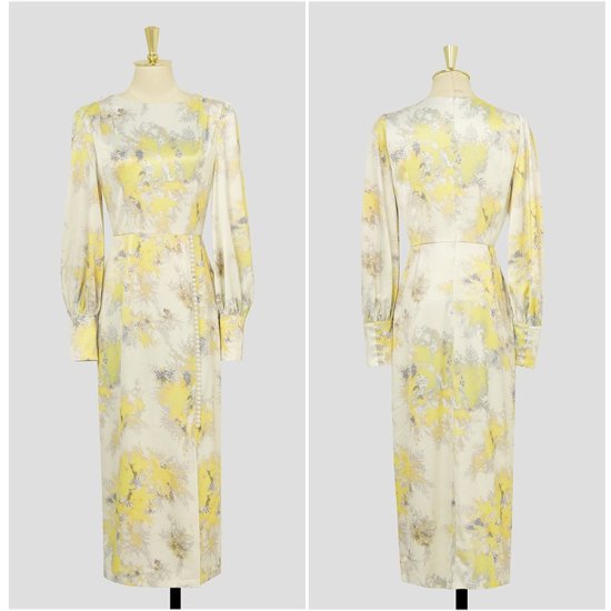 【取寄:納期2週間】ワンピース 花柄 パフスリーブ スリット タイトワンピース ミディアム丈 ロング丈 花柄プリント フラワープリント イエロー パールボタン レトロ クラシカル 上品 大人 【取寄:納期2週間】ワンピース 花柄 パフスリーブ スリット タイトワンピース ミディアム丈 ロング丈 花柄プリント フラワープリント イエロー パールボタン レトロ クラシカル 上品 大人