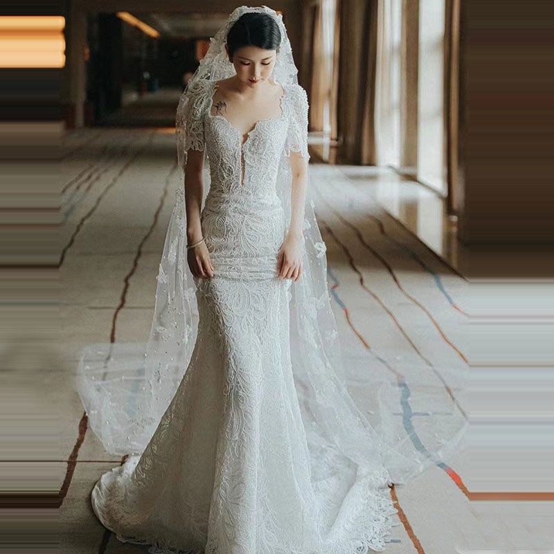 花嫁ウェディングフォレストベールヘッドドレス重工業パールレース豪華なエクストラロングトレーリングソフトガーゼ旅行写真レトロ