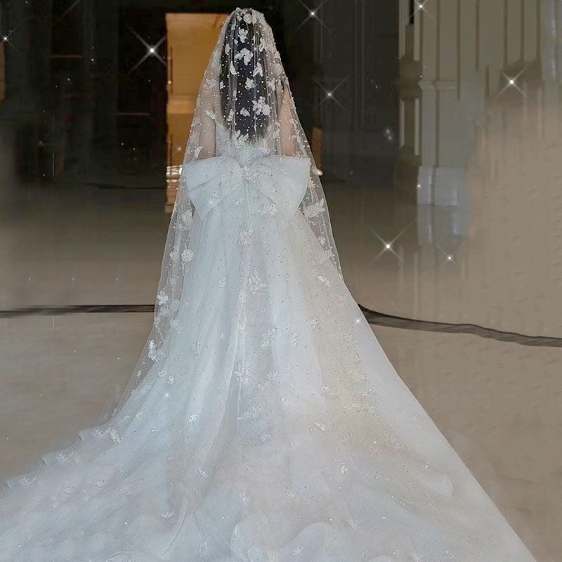 花嫁ウェディングフォレストベールヘッドドレス重工業パールレース豪華なエクストラロングトレーリングソフトガーゼ旅行写真レトロ