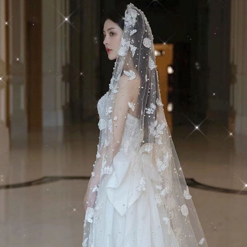 花嫁ウェディングフォレストベールヘッドドレス重工業パールレース豪華なエクストラロングトレーリングソフトガーゼ旅行写真レトロ