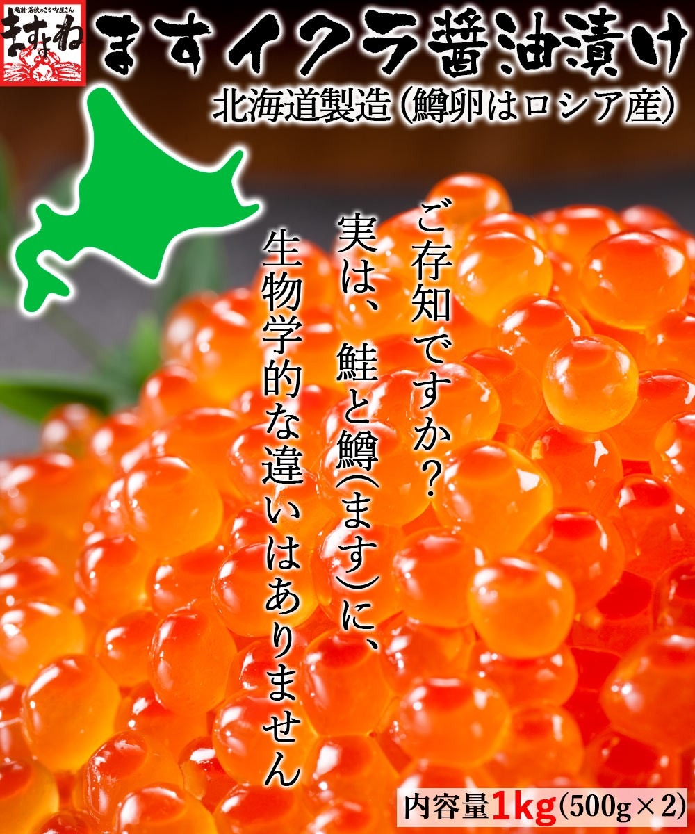 たっぷり大容量！濃厚 鱒いくら イクラ 醤油漬け 1kg（500g×2P）（北海道加工/ロシア産）【ギフトのし対応】