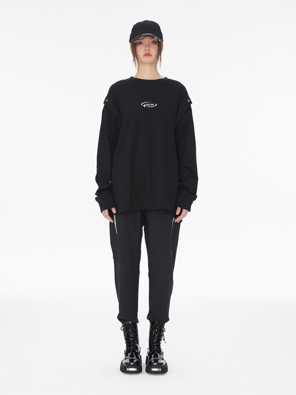 TECH 機能的なスタイルのブラックフェイクツーピースヘビーロングスリーブTシャツレディース通気性ドロップショルダートップ多用途ルーズ TECH 機能的なスタイルのブラックフェイクツーピースヘビーロングスリーブTシャツレディース通気性ドロップショルダートップ多用途ルーズ