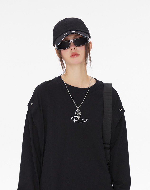 TECH 機能的なスタイルのブラックフェイクツーピースヘビーロングスリーブTシャツレディース通気性ドロップショルダートップ多用途ルーズ TECH 機能的なスタイルのブラックフェイクツーピースヘビーロングスリーブTシャツレディース通気性ドロップショルダートップ多用途ルーズ