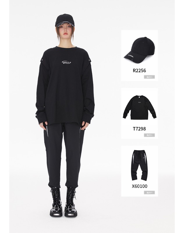 TECH 機能的なスタイルのブラックフェイクツーピースヘビーロングスリーブTシャツレディース通気性ドロップショルダートップ多用途ルーズ TECH 機能的なスタイルのブラックフェイクツーピースヘビーロングスリーブTシャツレディース通気性ドロップショルダートップ多用途ルーズ