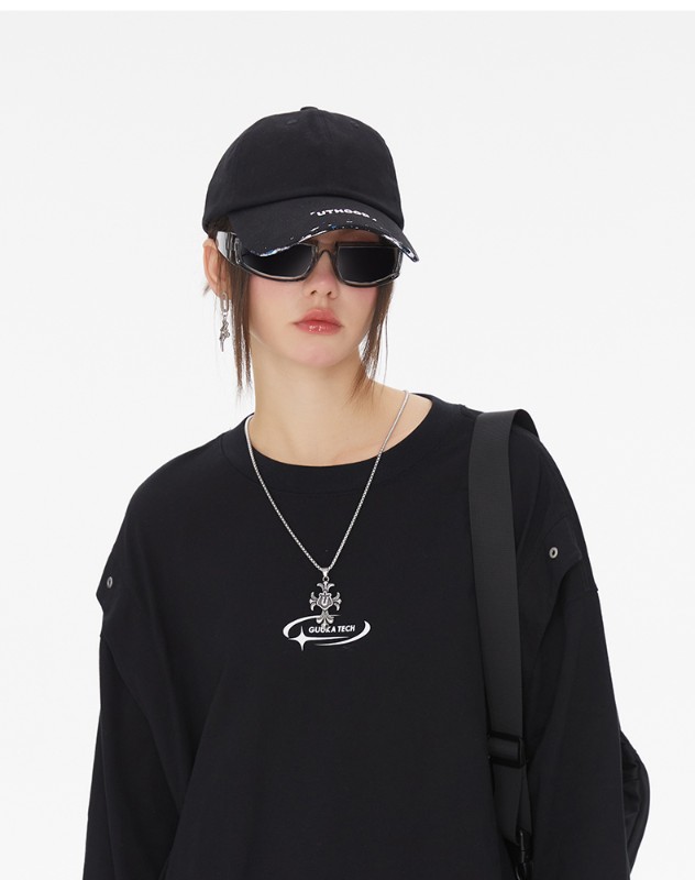 TECH 機能的なスタイルのブラックフェイクツーピースヘビーロングスリーブTシャツレディース通気性ドロップショルダートップ多用途ルーズ TECH 機能的なスタイルのブラックフェイクツーピースヘビーロングスリーブTシャツレディース通気性ドロップショルダートップ多用途ルーズ