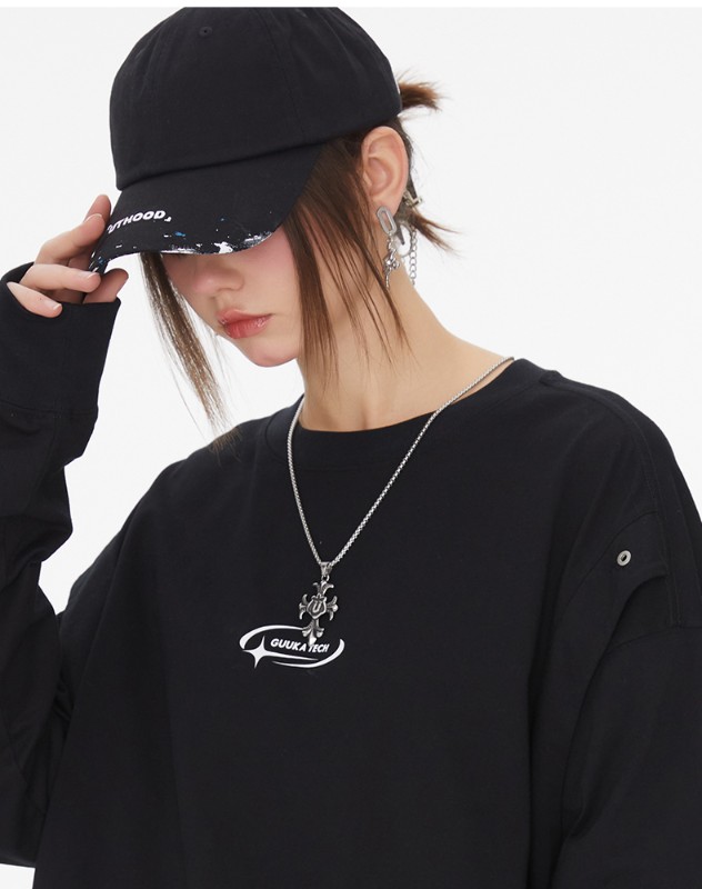 TECH 機能的なスタイルのブラックフェイクツーピースヘビーロングスリーブTシャツレディース通気性ドロップショルダートップ多用途ルーズ TECH 機能的なスタイルのブラックフェイクツーピースヘビーロングスリーブTシャツレディース通気性ドロップショルダートップ多用途ルーズ