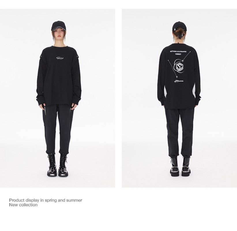 TECH 機能的なスタイルのブラックフェイクツーピースヘビーロングスリーブTシャツレディース通気性ドロップショルダートップ多用途ルーズ TECH 機能的なスタイルのブラックフェイクツーピースヘビーロングスリーブTシャツレディース通気性ドロップショルダートップ多用途ルーズ