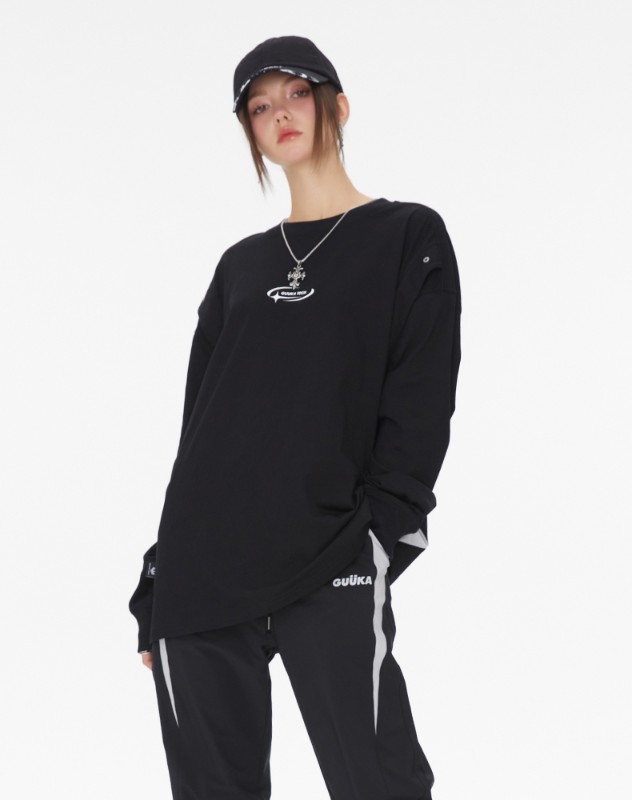 TECH 機能的なスタイルのブラックフェイクツーピースヘビーロングスリーブTシャツレディース通気性ドロップショルダートップ多用途ルーズ TECH 機能的なスタイルのブラックフェイクツーピースヘビーロングスリーブTシャツレディース通気性ドロップショルダートップ多用途ルーズ