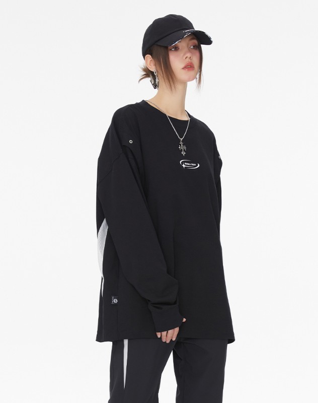 TECH 機能的なスタイルのブラックフェイクツーピースヘビーロングスリーブTシャツレディース通気性ドロップショルダートップ多用途ルーズ TECH 機能的なスタイルのブラックフェイクツーピースヘビーロングスリーブTシャツレディース通気性ドロップショルダートップ多用途ルーズ