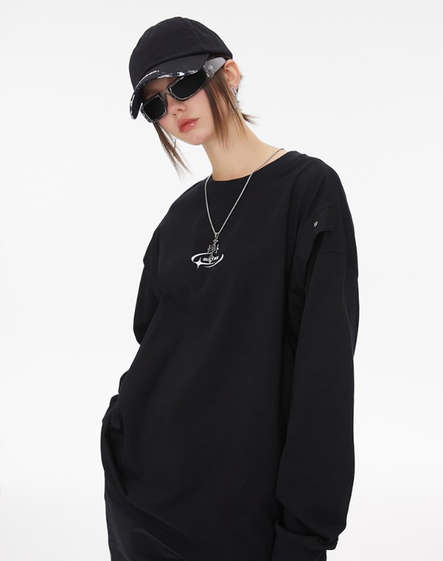 TECH 機能的なスタイルのブラックフェイクツーピースヘビーロングスリーブTシャツレディース通気性ドロップショルダートップ多用途ルーズ TECH 機能的なスタイルのブラックフェイクツーピースヘビーロングスリーブTシャツレディース通気性ドロップショルダートップ多用途ルーズ