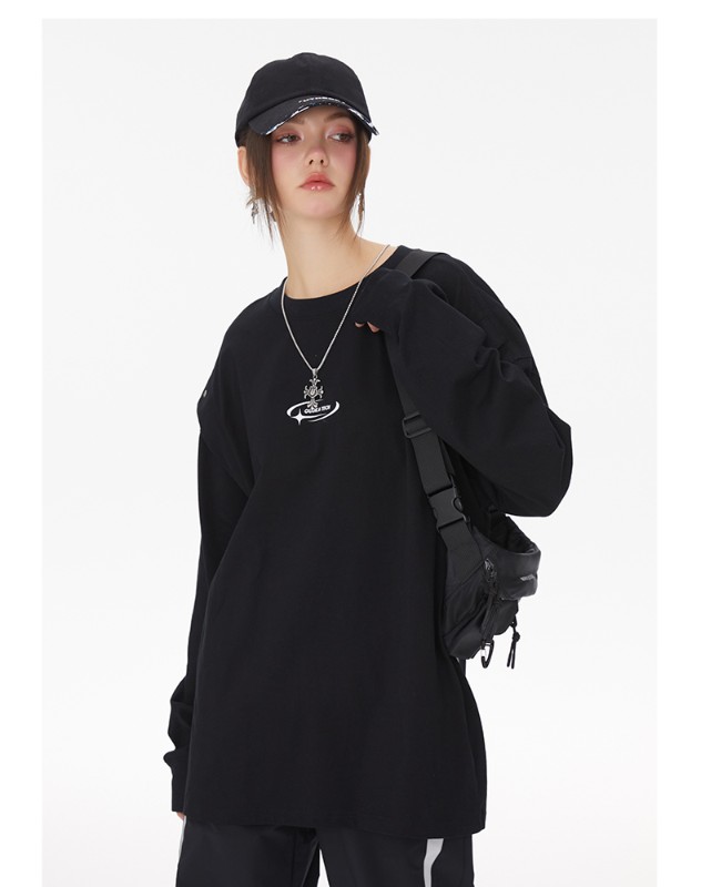 TECH 機能的なスタイルのブラックフェイクツーピースヘビーロングスリーブTシャツレディース通気性ドロップショルダートップ多用途ルーズ TECH 機能的なスタイルのブラックフェイクツーピースヘビーロングスリーブTシャツレディース通気性ドロップショルダートップ多用途ルーズ