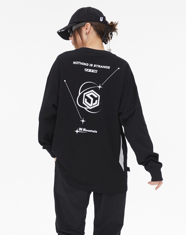 TECH 機能的なスタイルのブラックフェイクツーピースヘビーロングスリーブTシャツレディース通気性ドロップショルダートップ多用途ルーズ TECH 機能的なスタイルのブラックフェイクツーピースヘビーロングスリーブTシャツレディース通気性ドロップショルダートップ多用途ルーズ