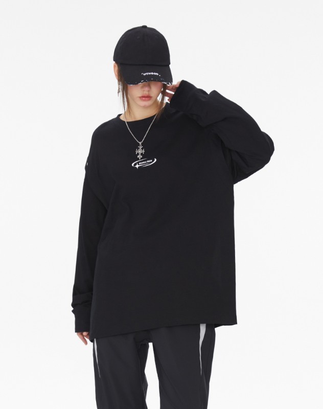 TECH 機能的なスタイルのブラックフェイクツーピースヘビーロングスリーブTシャツレディース通気性ドロップショルダートップ多用途ルーズ TECH 機能的なスタイルのブラックフェイクツーピースヘビーロングスリーブTシャツレディース通気性ドロップショルダートップ多用途ルーズ