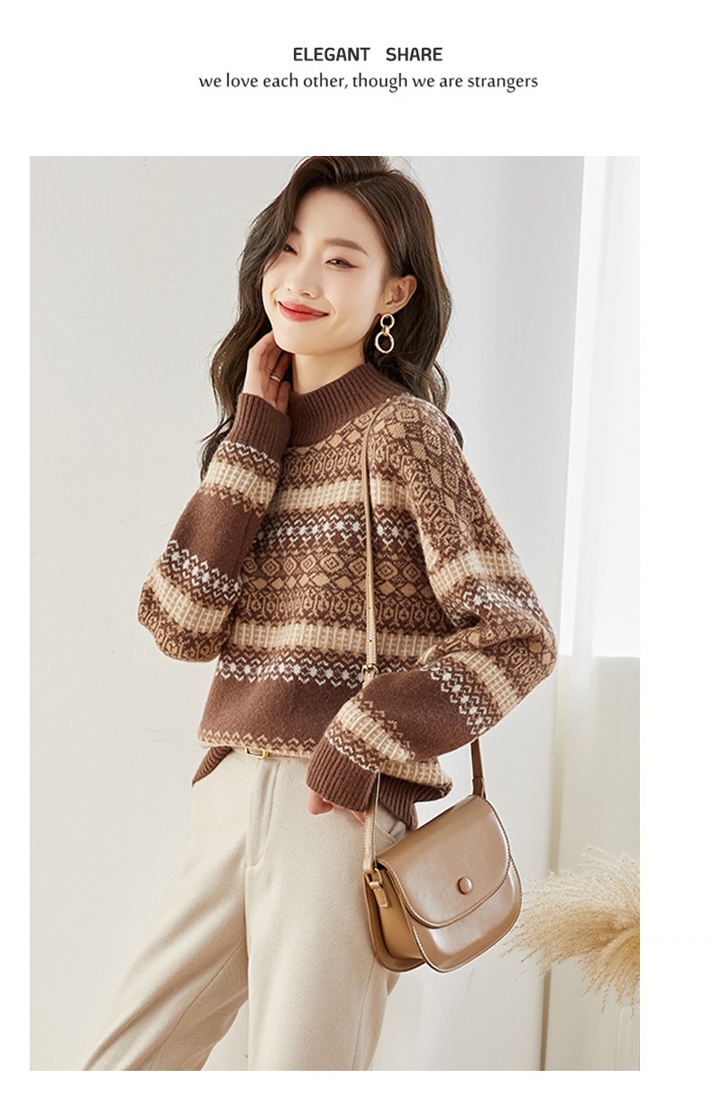 冬 暖かい ハーフハイカラー プリント レディース セーター ファッション ルーズ ニット ボトム シャツ ブラウン M L XL XXL トップス セーター 袖あり かわいい 大人可愛い きれいめ
