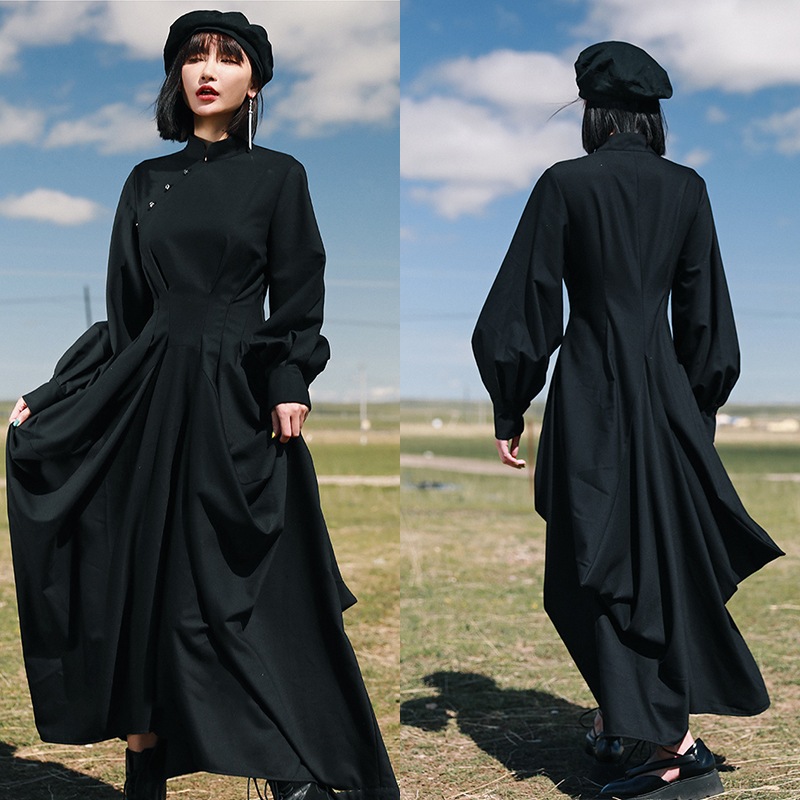 チャイナ風ワンピース マキシ ロングワンピース 春 黒 改良チャイナドレス 長袖 暗黒風 不規則 チャイナ風ワンピース マキシ ロングワンピース 春 黒 改良チャイナドレス 長袖 暗黒風 不規則