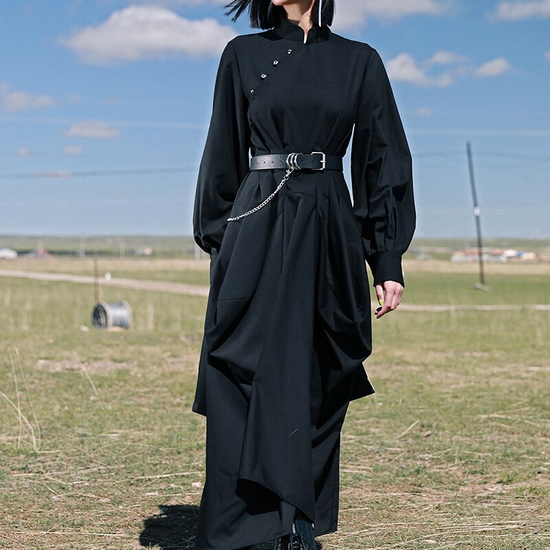 チャイナ風ワンピース マキシ ロングワンピース 春 黒 改良チャイナドレス 長袖 暗黒風 不規則 チャイナ風ワンピース マキシ ロングワンピース 春 黒 改良チャイナドレス 長袖 暗黒風 不規則