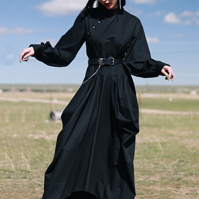 チャイナ風ワンピース マキシ ロングワンピース 春 黒 改良チャイナドレス 長袖 暗黒風 不規則 チャイナ風ワンピース マキシ ロングワンピース 春 黒 改良チャイナドレス 長袖 暗黒風 不規則