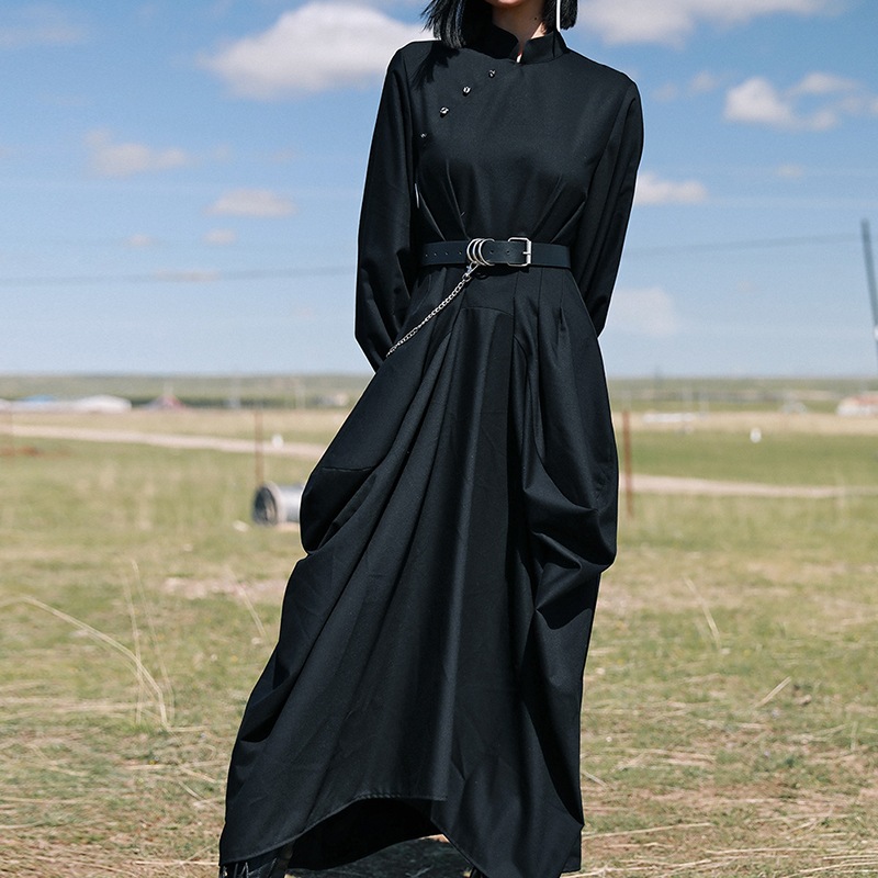 チャイナ風ワンピース マキシ ロングワンピース 春 黒 改良チャイナドレス 長袖 暗黒風 不規則 チャイナ風ワンピース マキシ ロングワンピース 春 黒 改良チャイナドレス 長袖 暗黒風 不規則