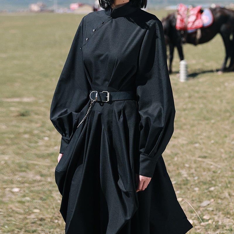 チャイナ風ワンピース マキシ ロングワンピース 春 黒 改良チャイナドレス 長袖 暗黒風 不規則 チャイナ風ワンピース マキシ ロングワンピース 春 黒 改良チャイナドレス 長袖 暗黒風 不規則