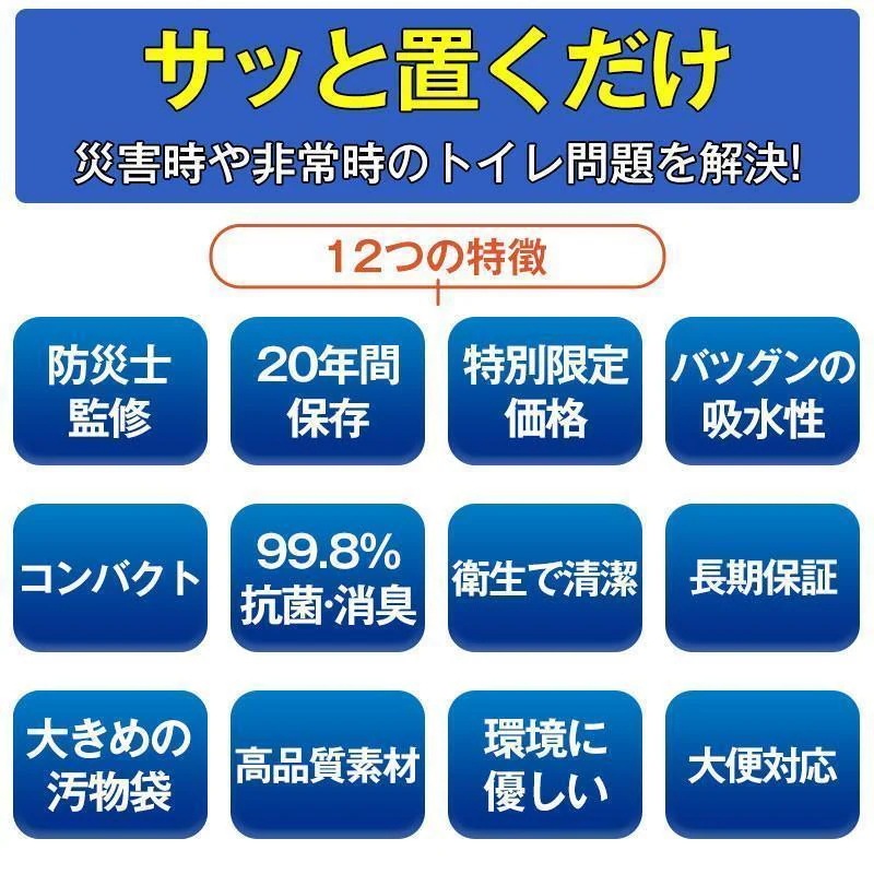 アウトドア用品大全簡易トイレ 非常用トイレセット 凝固剤 0回分 携帯トイレ 小便 大便 抗菌 消臭 防災グッズ 防災セット 災害用 登山 断水 汚物袋 渋滞 介護