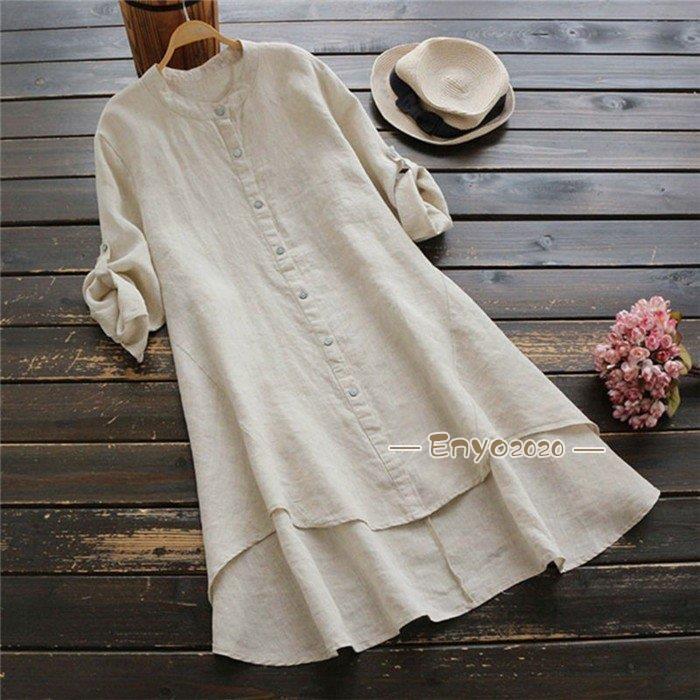 【即納】綿麻混ワンピース レディース 30代 40代 夏 春 秋 トップス 体型カバー ロングシャツ チュニック ゆったり シャツワンピース 長袖 リネンシャツ 大きいサイズ