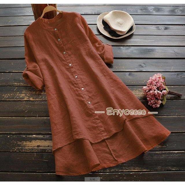 【即納】綿麻混ワンピース レディース 30代 40代 夏 春 秋 トップス 体型カバー ロングシャツ チュニック ゆったり シャツワンピース 長袖 リネンシャツ 大きいサイズ