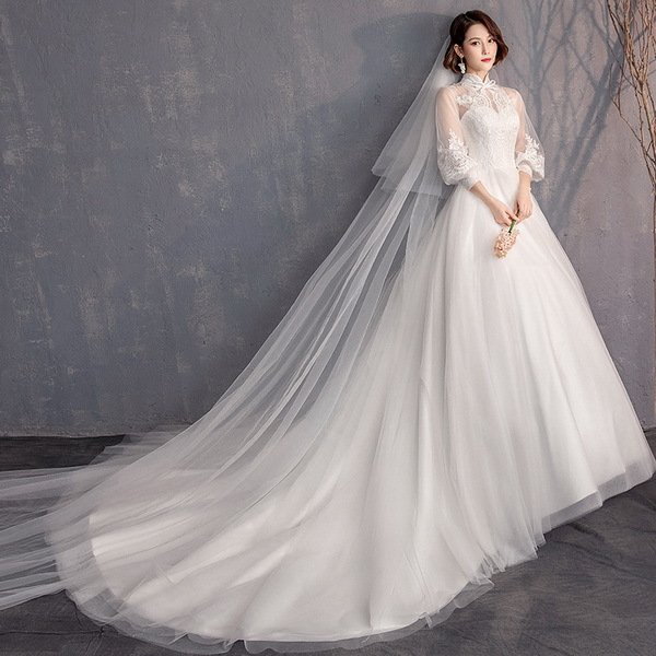 ウェディングドレス ウェディングドレス白 パーティードレス ハイネック レース花嫁ロングドレス 結婚式 トレーンライン 二次会 エレガント お呼ばれ Qoo10] ウェディングドレス ウェディングドレス白
