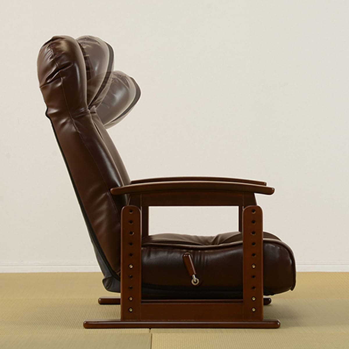 高座椅子 無段階リクライニング 高さ8段階調整 ロータイプ 2way 立ち座り楽 座いす 座椅子 1人掛け ソファ 木製 フレーム ハイバック 肘置き 肘掛 合皮 レザー調 メッシュ素材