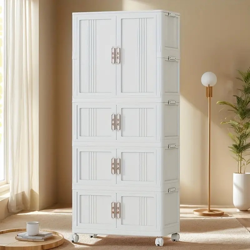 モダンなホワイトプラスチック収納キャビネット磁気クロージャー＆ゴールドハンドル付き - リビングルーム・ベッドルーム・キッチン用3/4/5段オーガナイザー 68x37cm 多目的ホームストレージエ