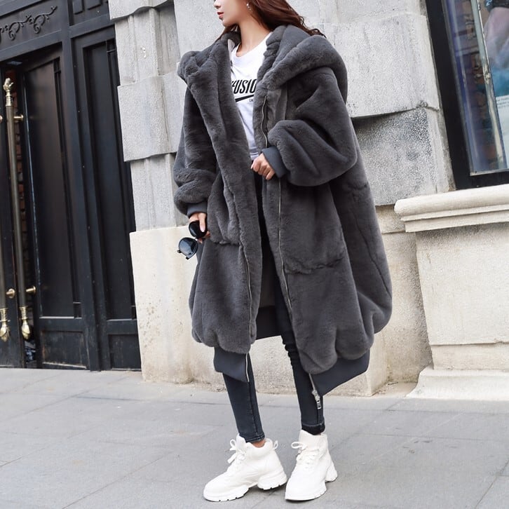 レディース 上着 羽織り コート アウター ビックシルエット ロング丈 フード付き ジップアップ ボア エコファー 韓国 インスタ映え トレンド 暖かい かわいい かっこいい 大人 上品 レディース 上着 羽織り コート アウター ビックシルエット ロング丈