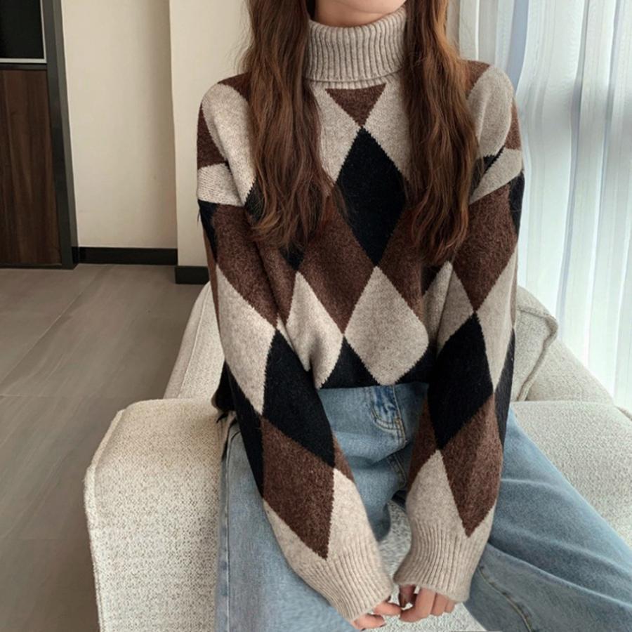 【即納】タートルネックニットス アーガイル