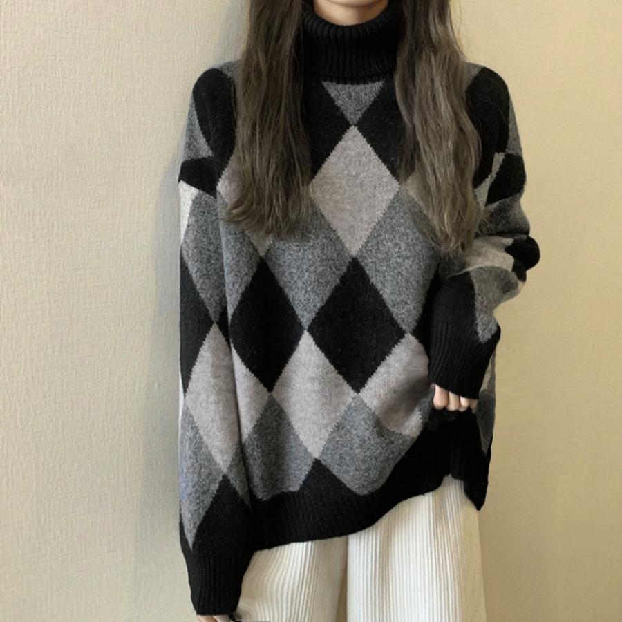 【即納】タートルネックニットス アーガイル