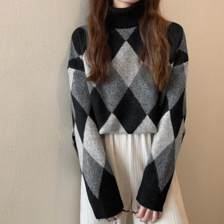 【即納】タートルネックニットス アーガイル