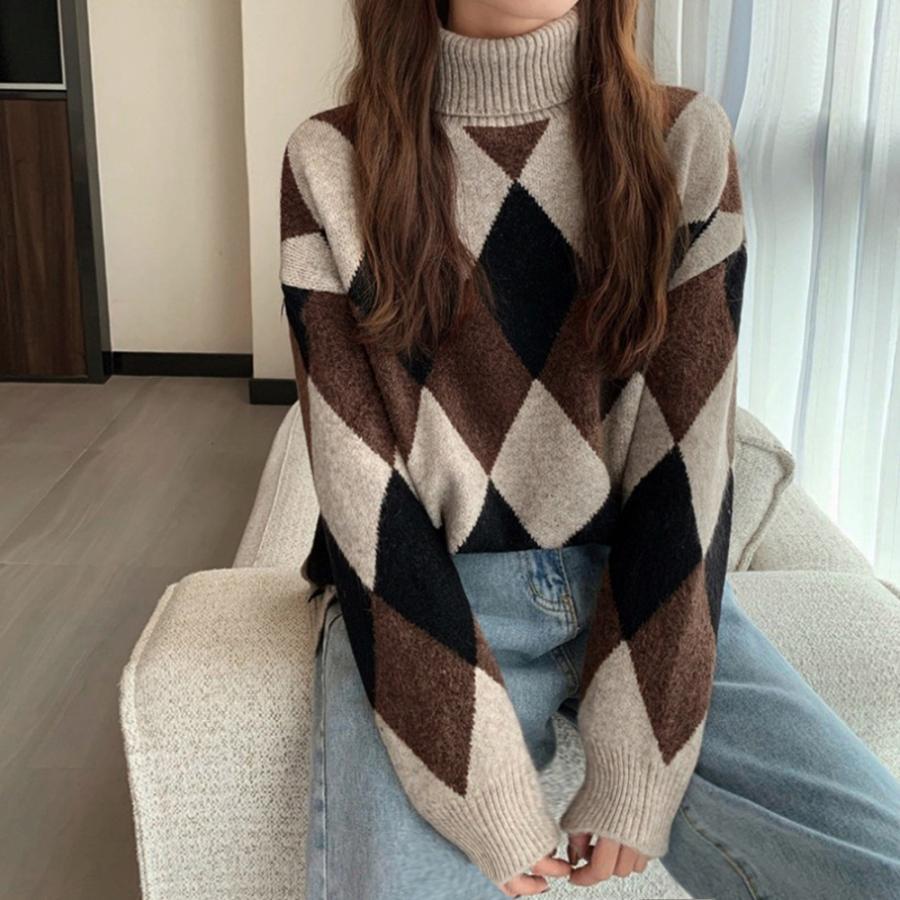 【即納】タートルネックニットス アーガイル