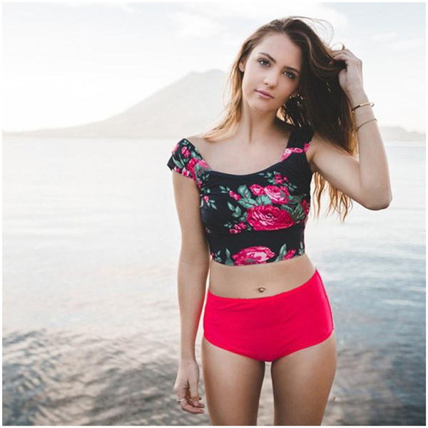 2017 Bikinis Women Biquinis Striped Top Floral Bottom Swimsuit High Waist Bikini Brazilian Bikini Bi 2017 Bikinis Women Biquinis Striped Top Floral Bottom Swimsuit High Waist Bikini Brazilian Bikini Bi