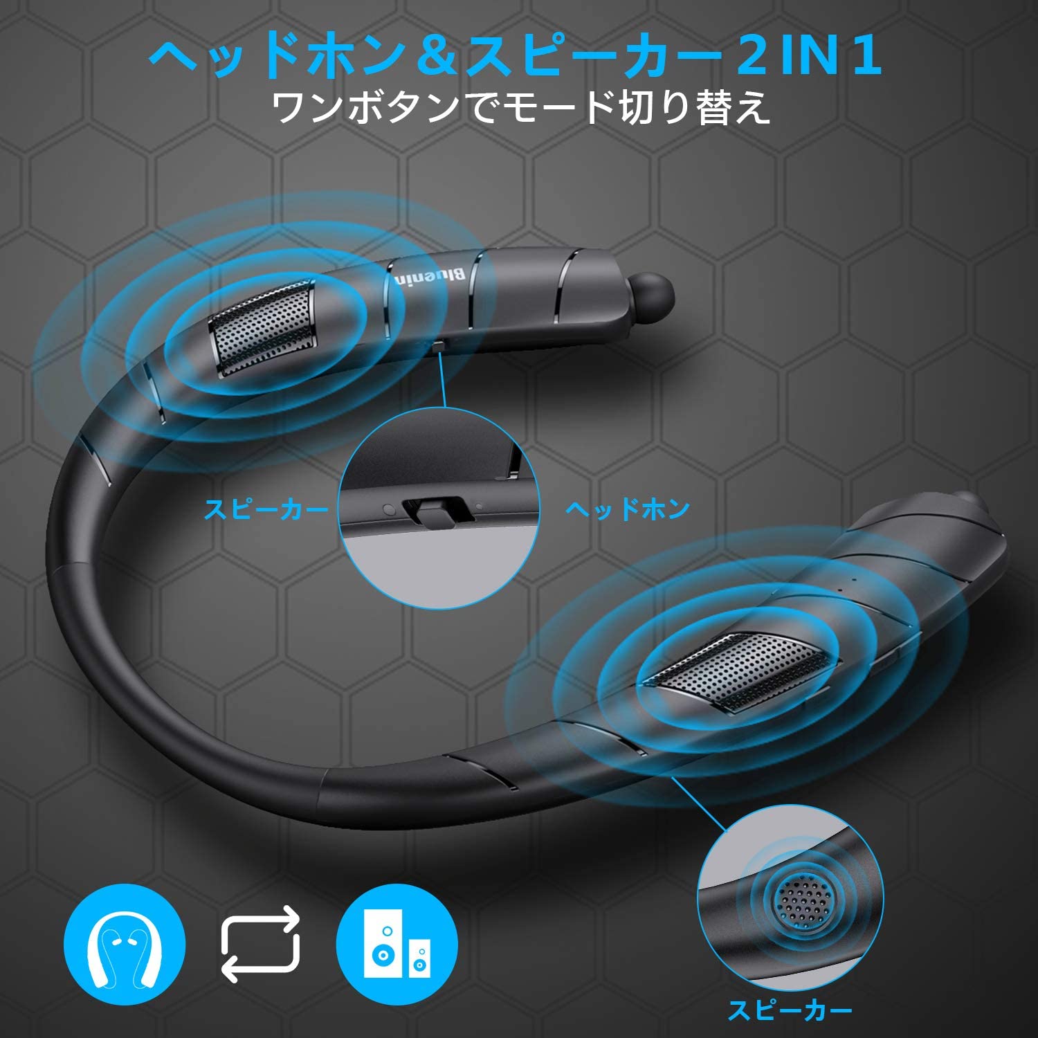ネックスピーカー ワイヤレス Bluetoothイヤホン 格納式ヘッドフォン スピーカーとイヤホン2 in 1 ウェアラブル 15時間連続使用 Bluetooth5.0 搭載 HI-FI 3Dステレオ