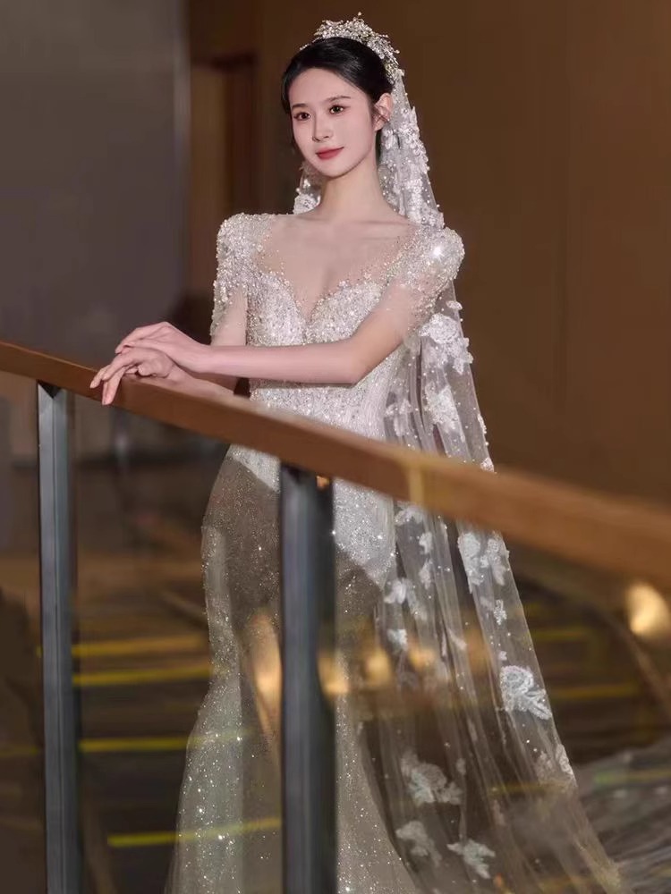 フィッシュテイルフレンチ軽ウエディングドレス2023新婦主紗秋冬高級外出紗ウエルカムドレス女性小柄 フィッシュテイルフレンチ軽ウエディングドレス2023新婦主紗秋冬高級外出紗ウエルカムドレス女性小柄