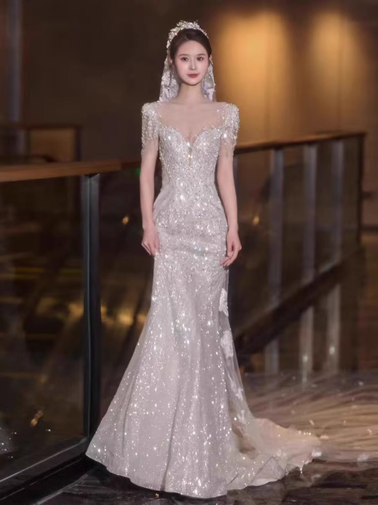 フィッシュテイルフレンチ軽ウエディングドレス2023新婦主紗秋冬高級外出紗ウエルカムドレス女性小柄 フィッシュテイルフレンチ軽ウエディングドレス2023新婦主紗秋冬高級外出紗ウエルカムドレス女性小柄