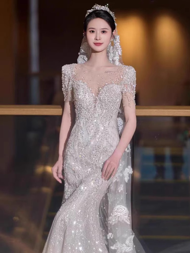 フィッシュテイルフレンチ軽ウエディングドレス2023新婦主紗秋冬高級外出紗ウエルカムドレス女性小柄 フィッシュテイルフレンチ軽ウエディングドレス2023新婦主紗秋冬高級外出紗ウエルカムドレス女性小柄