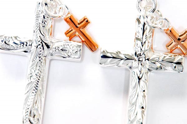 2連 ハワイアンジュエリー ペンダント ネックレス クロス 十字架 ピンクゴールド ミニチャーム レディース シルバー925 スクロール 波彫り/マイレ 葉柄彫り 2連 ハワイアンジュエリー ペンダント ネックレス クロス 十字架 ピンクゴールド ミニチャーム レディース シルバー925 スクロール 波彫り/マイレ 葉柄彫り