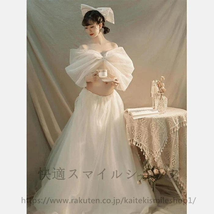 おすすめランキングマタニティ フォト ドレス オフショルダー スカート セット リボン　可愛い キュート 思い出 記念撮影 メモリーフォト 記念写真 ホワイト