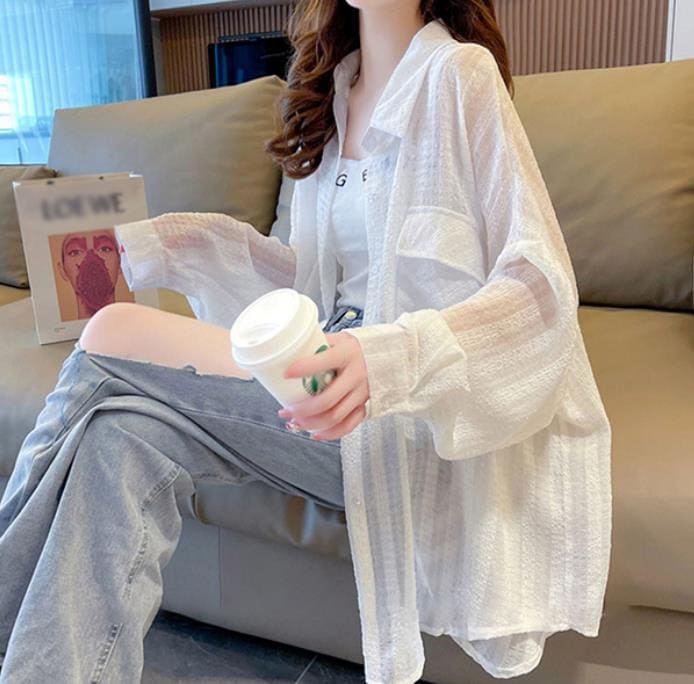 シアー ポケットシャツ シースルー 羽織り 夏 春 uvカット シャツ シアーシャツ ストライプ レディース uv カーディガン サマーカーディガン UV対策 日焼け止め 紫外線対策 ロング ブラウス