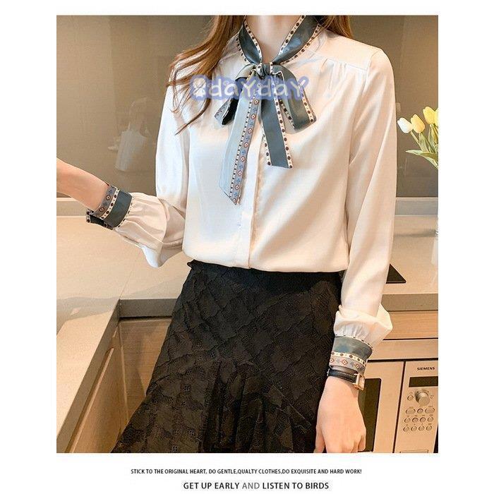 【迅速出荷】 ブラウス レディース 40代 春秋 オシャレブラウス 白シフォンシャツリボンネック 長袖トップス パフスリーブ おしゃれ 上品 通勤OL シャツ30代 新作