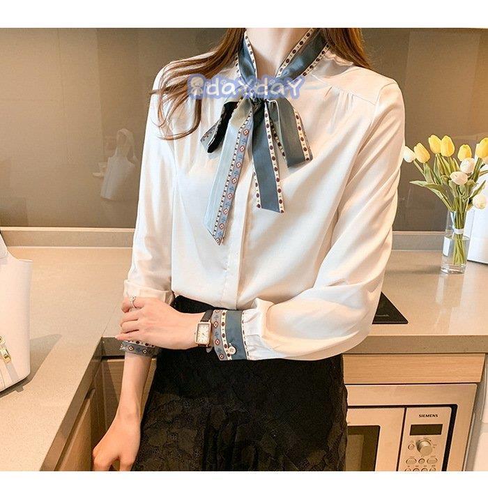 【迅速出荷】 ブラウス レディース 40代 春秋 オシャレブラウス 白シフォンシャツリボンネック 長袖トップス パフスリーブ おしゃれ 上品 通勤OL シャツ30代 新作