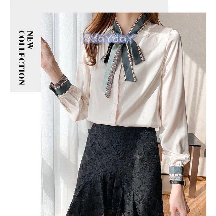 【迅速出荷】 ブラウス レディース 40代 春秋 オシャレブラウス 白シフォンシャツリボンネック 長袖トップス パフスリーブ おしゃれ 上品 通勤OL シャツ30代 新作