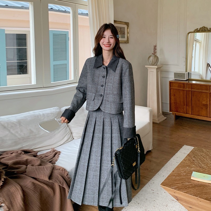かわいい気質スプライシングカラーツイードスーツスカート2024新しい韓国のファッション通勤スーツスカート かわいい気質スプライシングカラーツイードスーツスカート2024新しい韓国のファッション通勤スーツスカート
