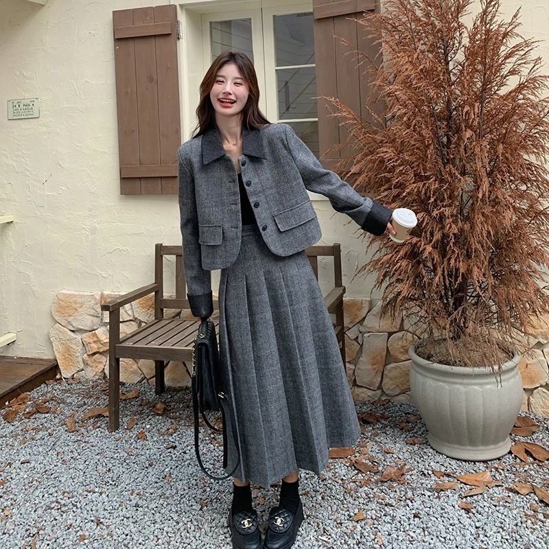 かわいい気質スプライシングカラーツイードスーツスカート2024新しい韓国のファッション通勤スーツスカート かわいい気質スプライシングカラーツイードスーツスカート2024新しい韓国のファッション通勤スーツスカート