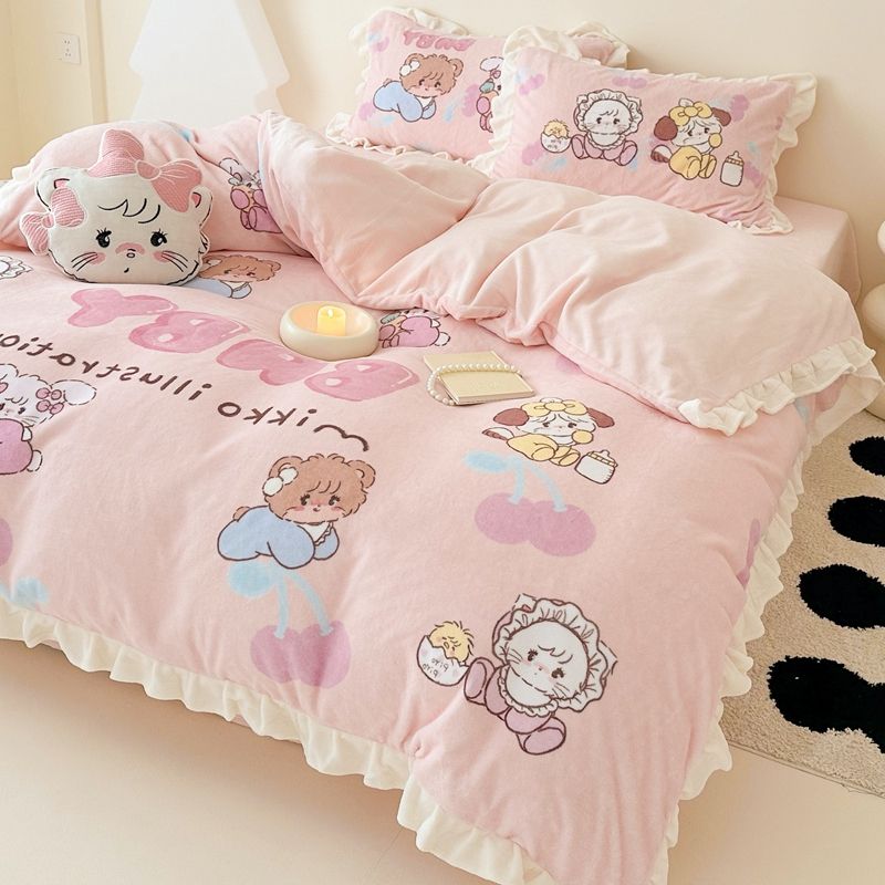 工ガ割-アニメmikko三点セットレース厚手ミルクパイル布団シーツ少女サンゴパイル四点セット冬モデル