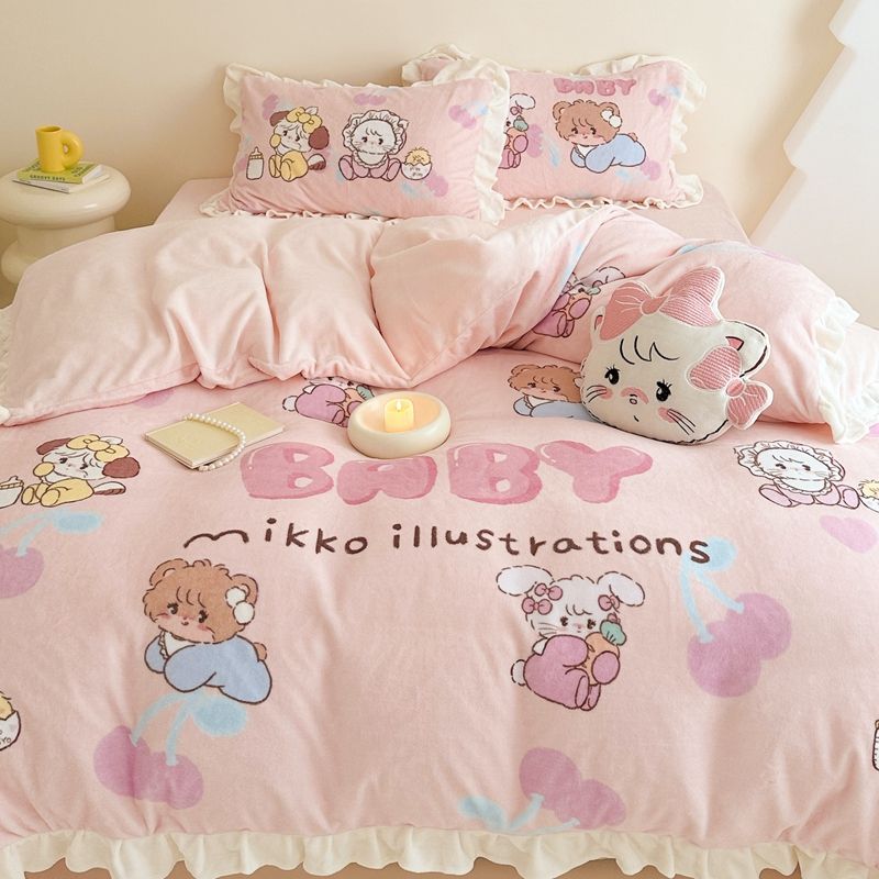 工ガ割-アニメmikko三点セットレース厚手ミルクパイル布団シーツ少女サンゴパイル四点セット冬モデル