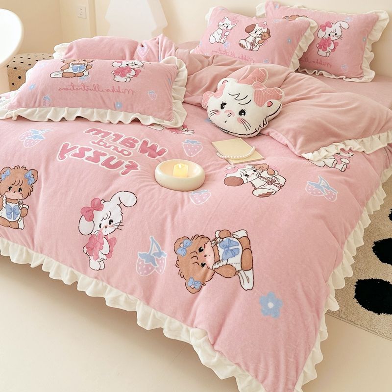 工ガ割-アニメmikko三点セットレース厚手ミルクパイル布団シーツ少女サンゴパイル四点セット冬モデル